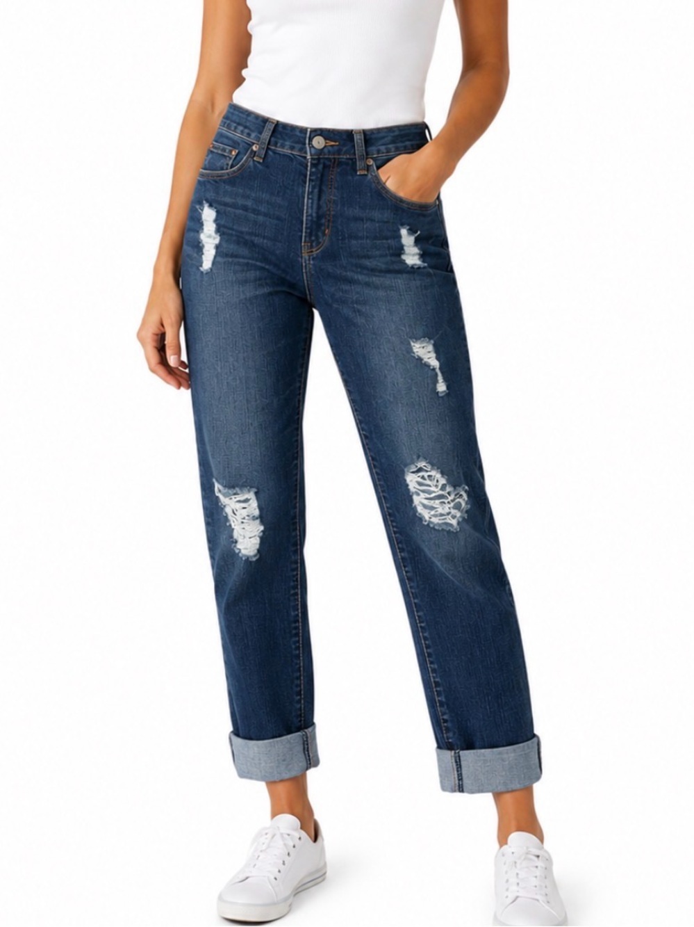 IT! brand Dark Blue Distressed Boyfriend Jeans rolled/cuffed hem cropped SZ 6
